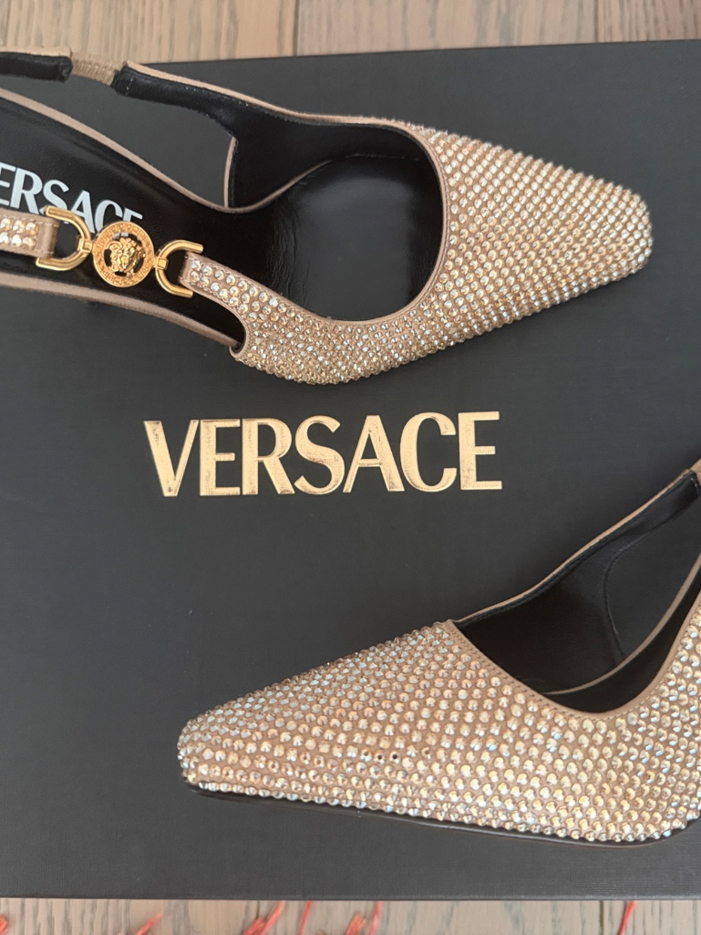 Versace Crystal-Embellished Slingback Heels with Gold Medusa Hardware Rare